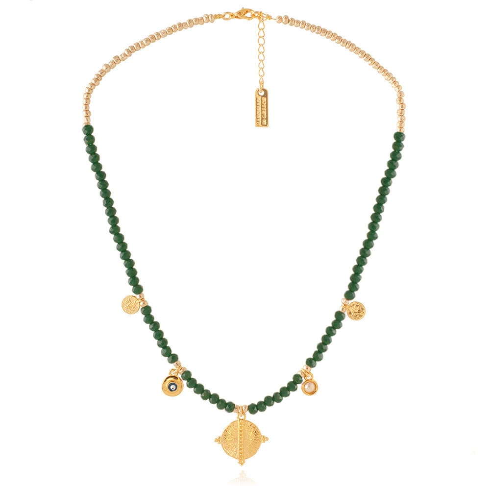 Best quality 24k gold plated chain and green semi-precious glass beads, handcrafted in Greece for a touch of elegance and sophistication