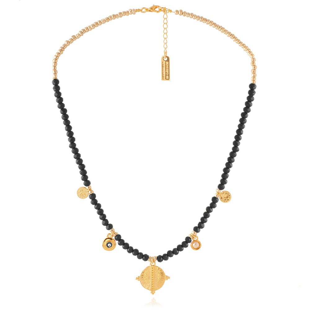 Best quality 24k gold plated chain and black semi-precious glass beads, handcrafted in Greece for a touch of elegance and sophistication