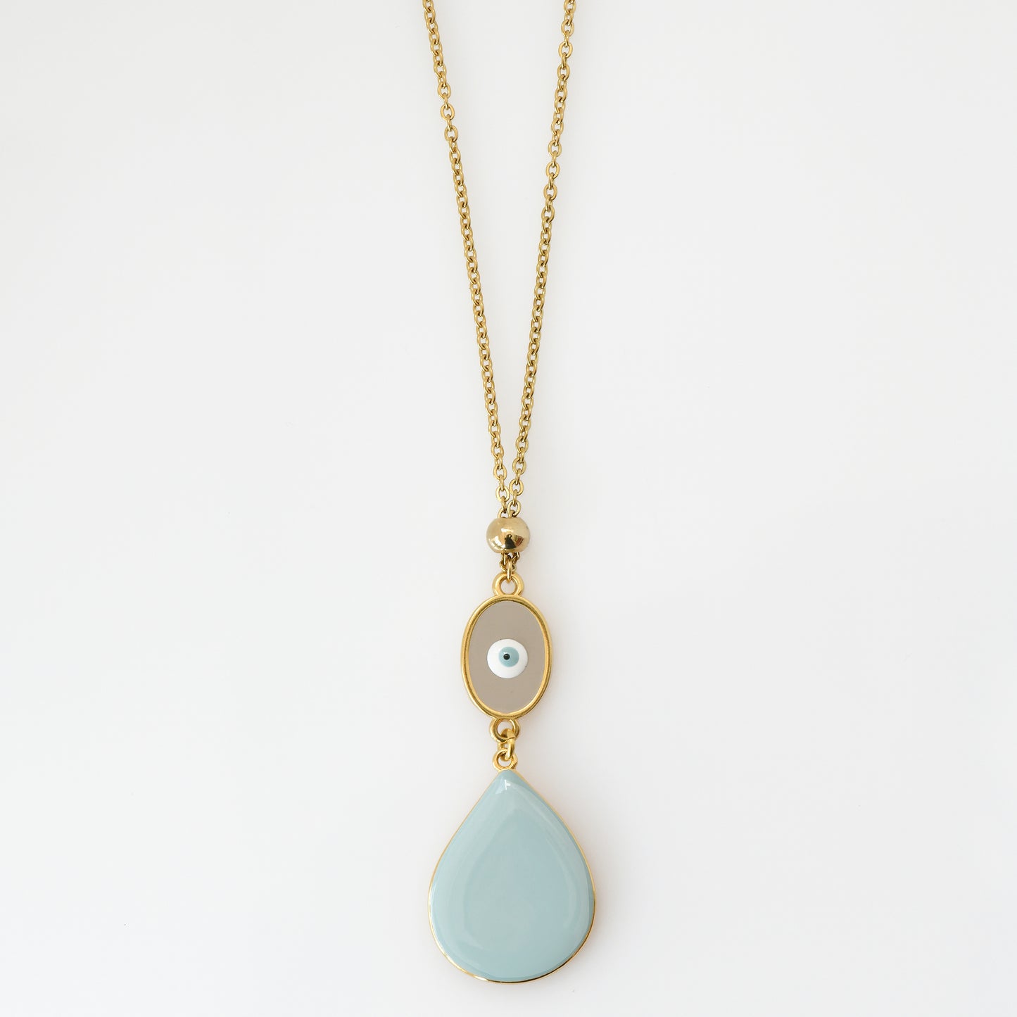 24k gold plated necklace with light blue pendant and small eye