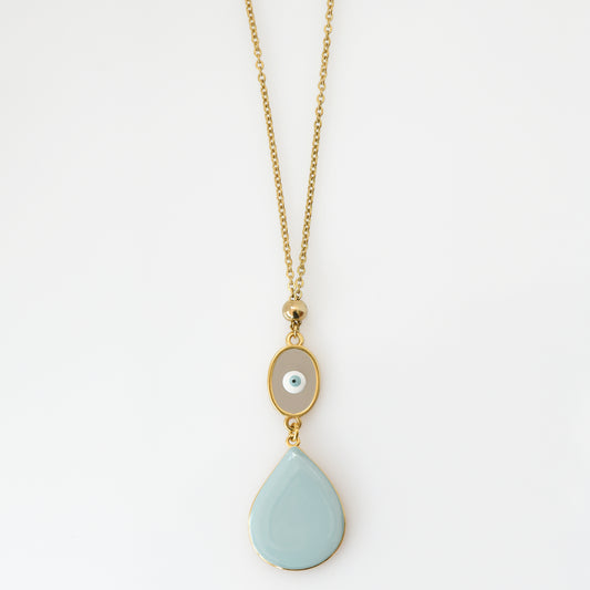 24k gold plated necklace with light blue pendant and small eye