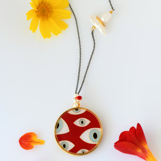 24k gold plated pendant red enamel with eyes pendant on stainless steel chain with natural fresh water pearls elements