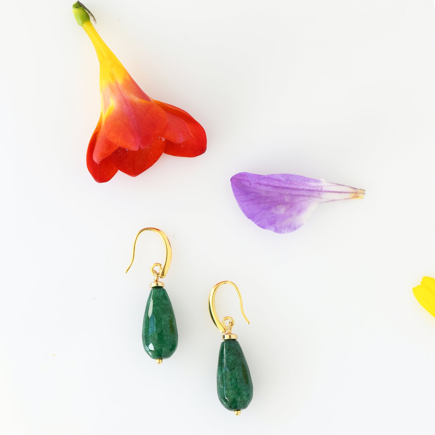 24K gold plated short earrings with green semi precious stones