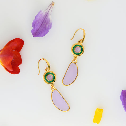 24K gold plated earrings with green and purple enamel