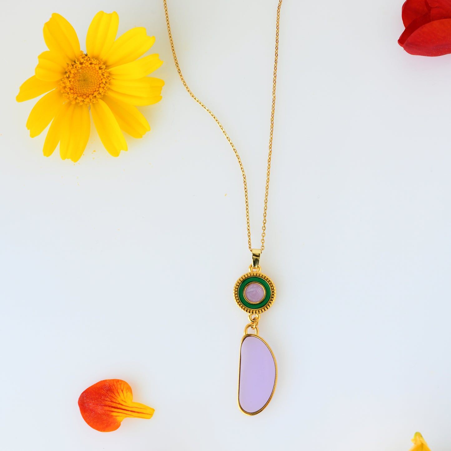 24k gold plated with green and purple enamel long necklace